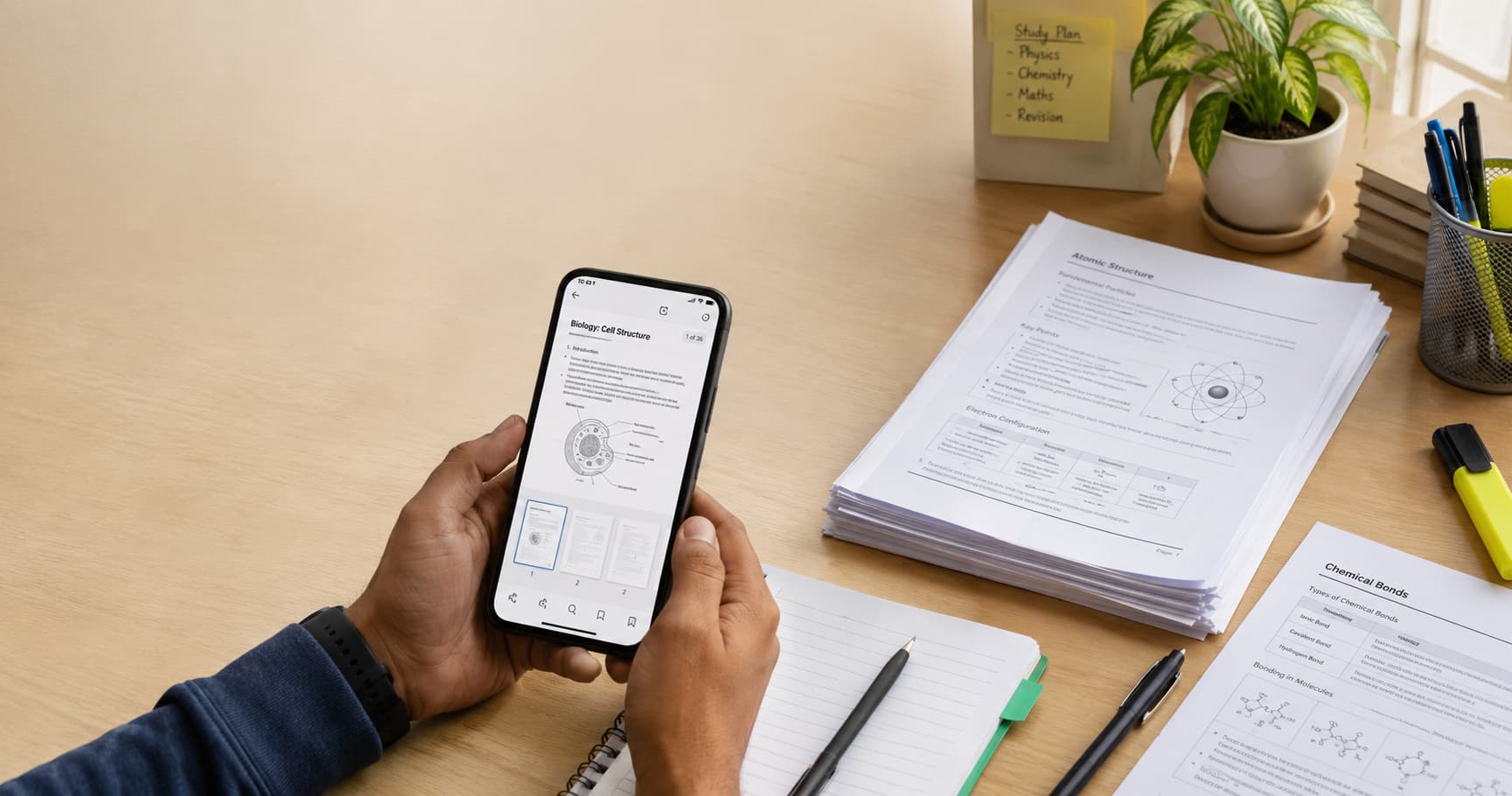 Student checking PDF notes on a phone beside printed study notes